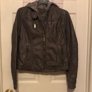 NWOT Gray leather jacket with detachable hood.